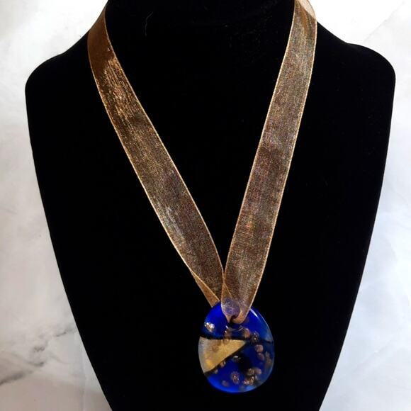Abstract Blue Pendant On Shimmery Gold Ribbon - Picture 2 of 7